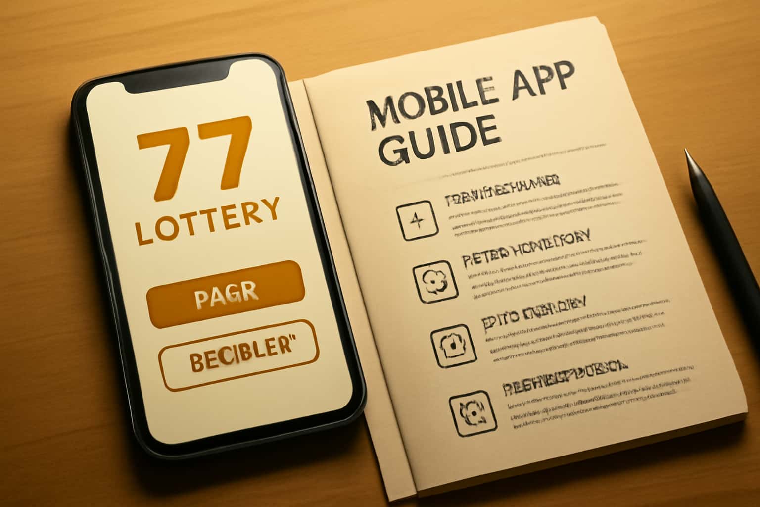 An informational digital scene depicting the 77 Lottery Mobile App Guide with 3D elements and a futuristic design.