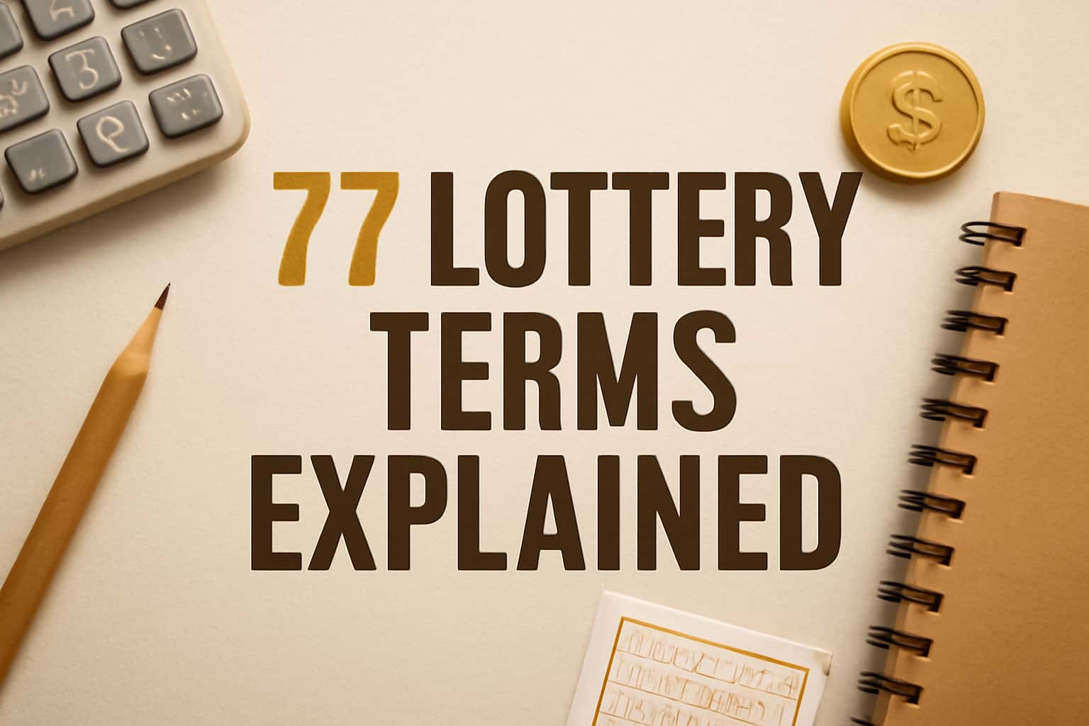 An informative scene illustrating the key concepts of 77 Lottery Terms Explained, highlighted with #c99914 accents.