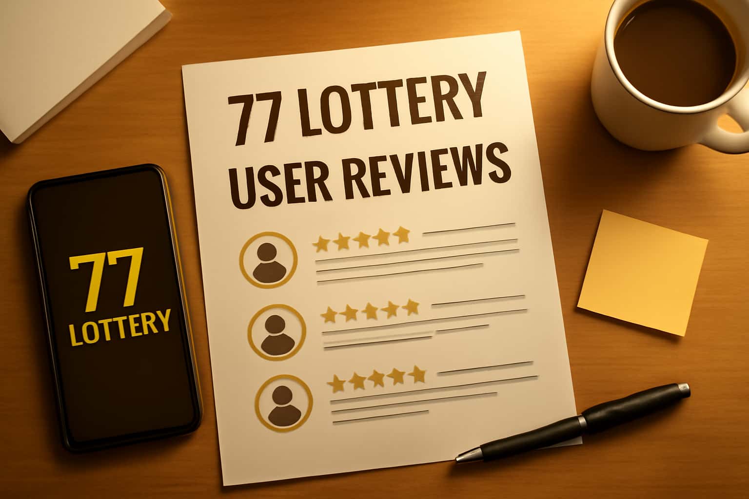 An informative scene showcasing user reviews about the 77 Lottery platform.